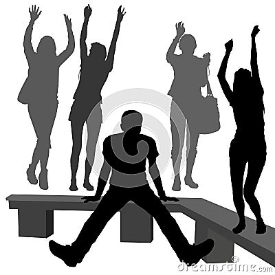 Silhouettes of young people, 4 girls and a guy, a boy in thought, makes a choice, girls are different, slim and young. Girls wavin Vector Illustration